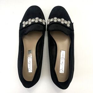 Amelia Grace Vera Black Velvet Pearl Rhinestone Slip On Flat Round Toe Shoe 6.5M